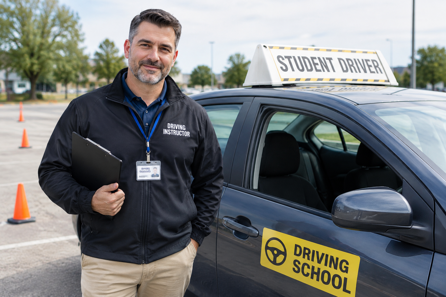 RoadStar driving instructor standing beside a training car